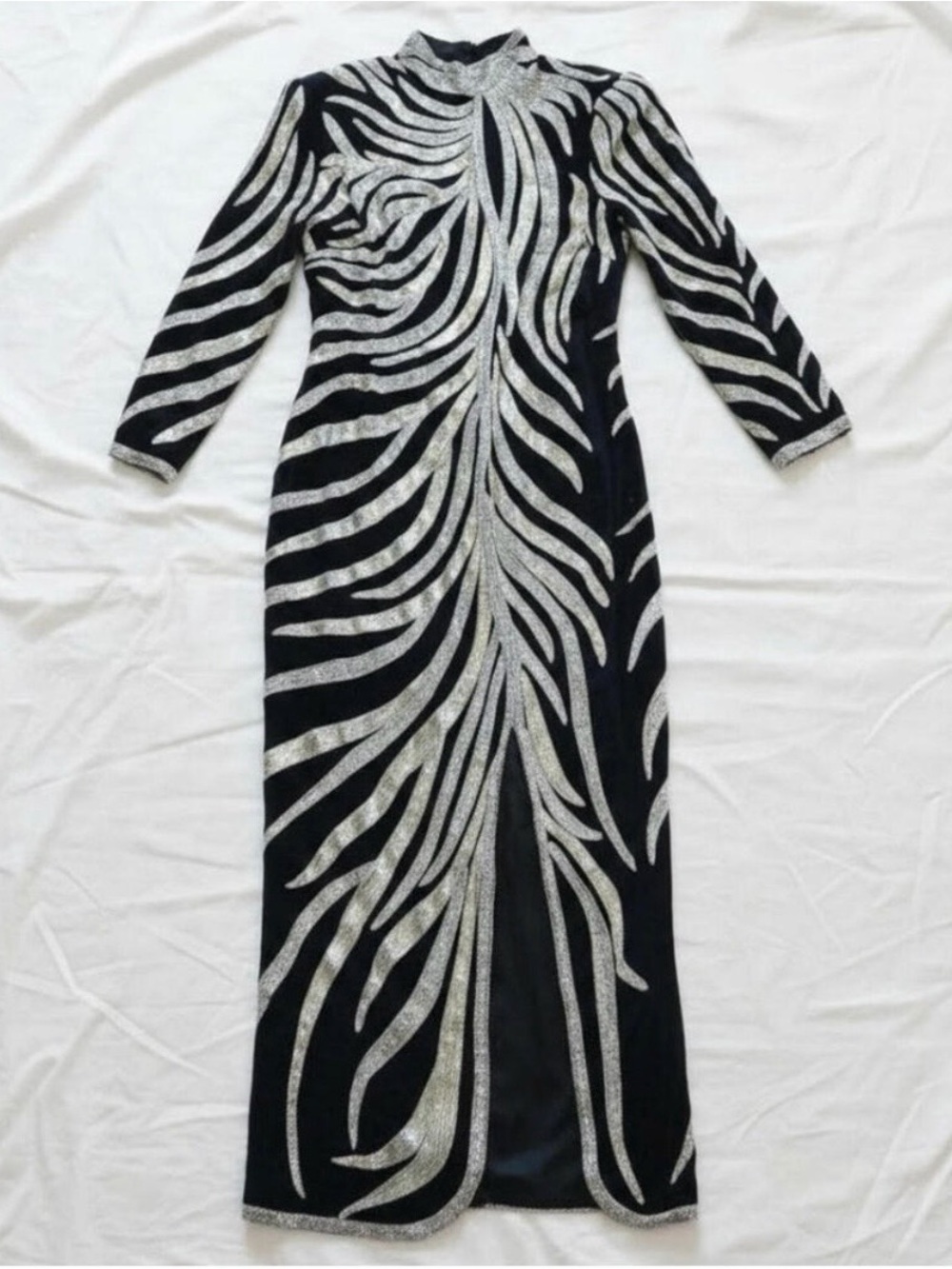 Vintage Black Beaded Silk Maxi Evening Gown Womens Medium